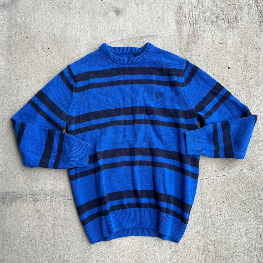 Chaps Mens Blue Navy Striped Crew Neck Pullover Sweater Size Medium‎